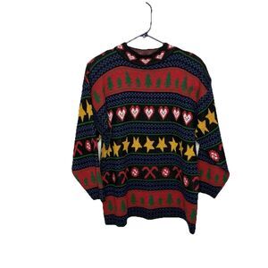 Vintage Nuggets Womens Striped Stars Trees Hearts 3/4 Sleeve Pullover Sweater S